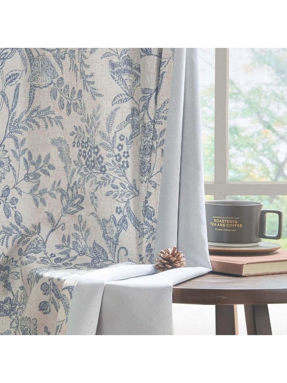 Floral Linen Rod Pocket Curtains - Blue, 50"W x 96"L, Set of 2 Panels